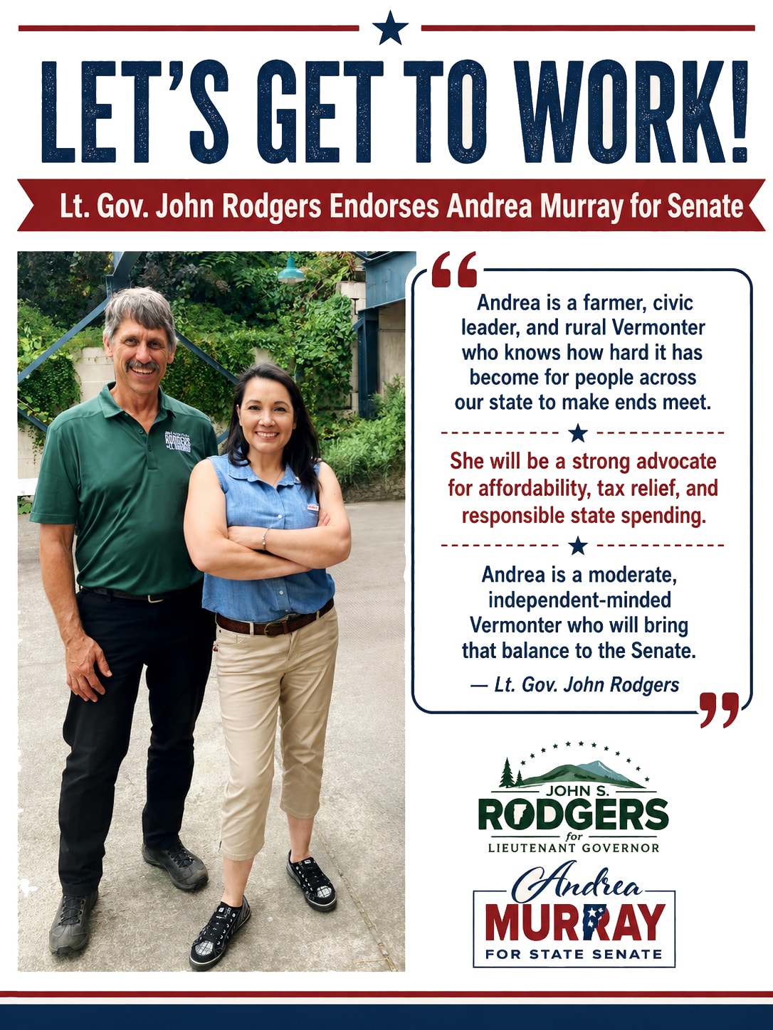 Lt. Governor John Rodgers endorsement graphic for Andrea Murray for State Senate